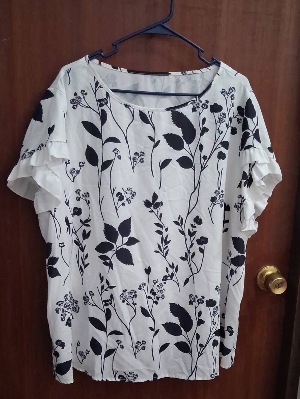 SHEIN White Blouse with Black Botanical Print and Ruffle Sleeves